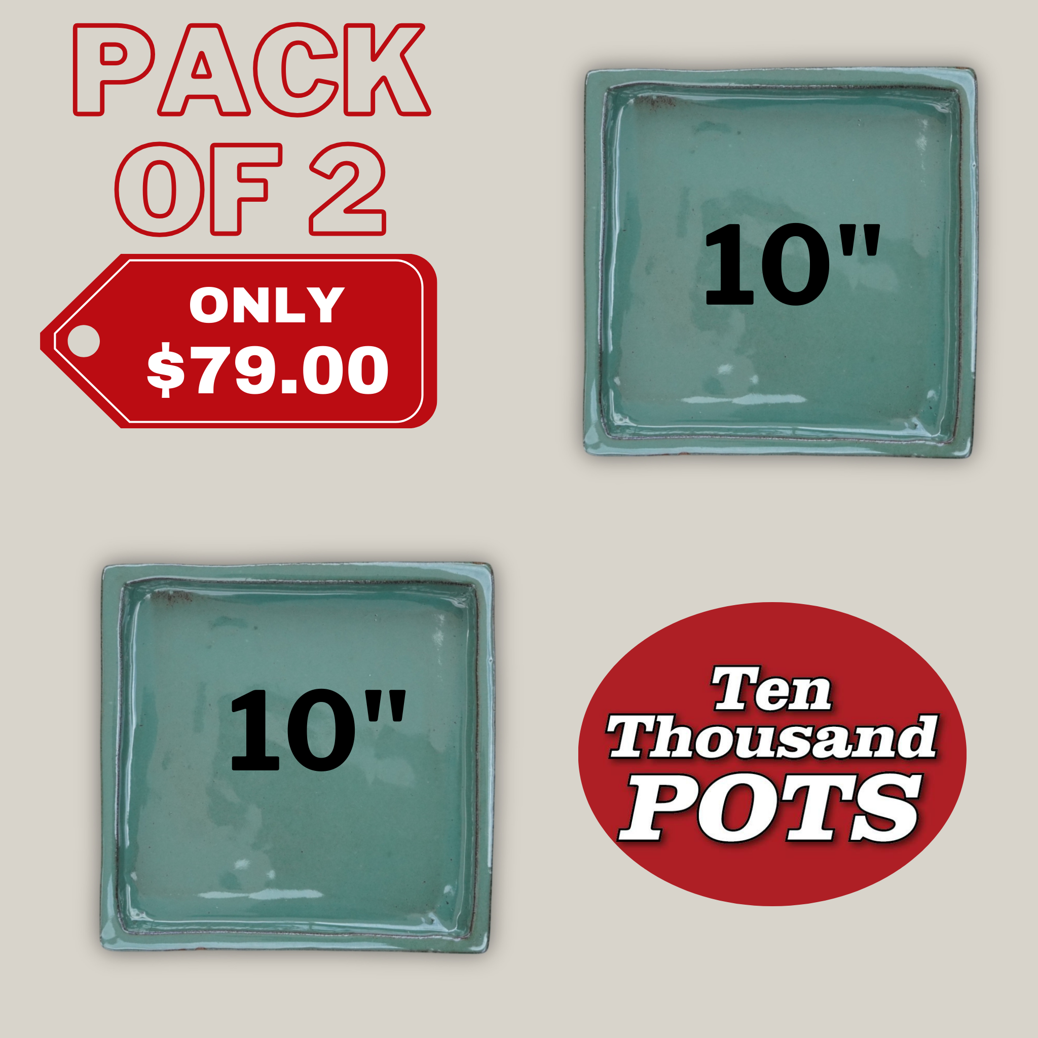 3127L16FS - Square | Green Cream Ceramic Plant Saucer | High Fired Ecofriendly Clay - Sizes 8"-15"