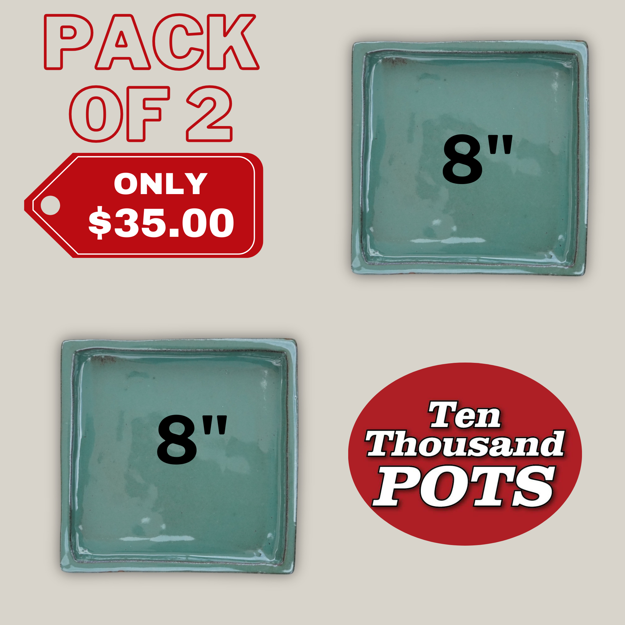 3127L16FS - Square | Green Cream Ceramic Plant Saucer | High Fired Ecofriendly Clay - Sizes 8"-15"
