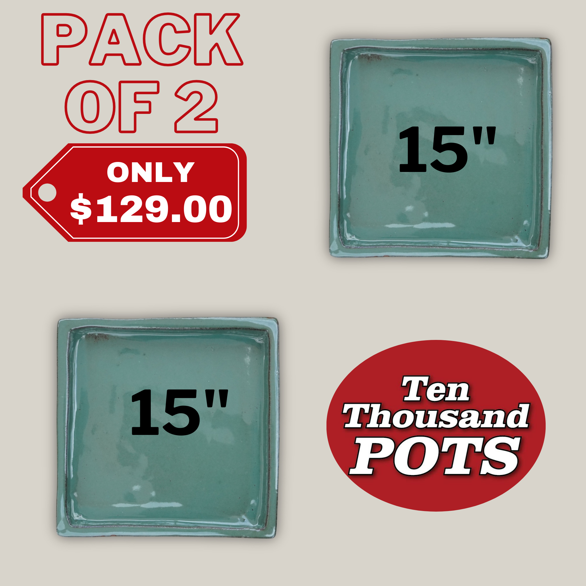 3127L16FS - Square | Green Cream Ceramic Plant Saucer | High Fired Ecofriendly Clay - Sizes 8"-15"