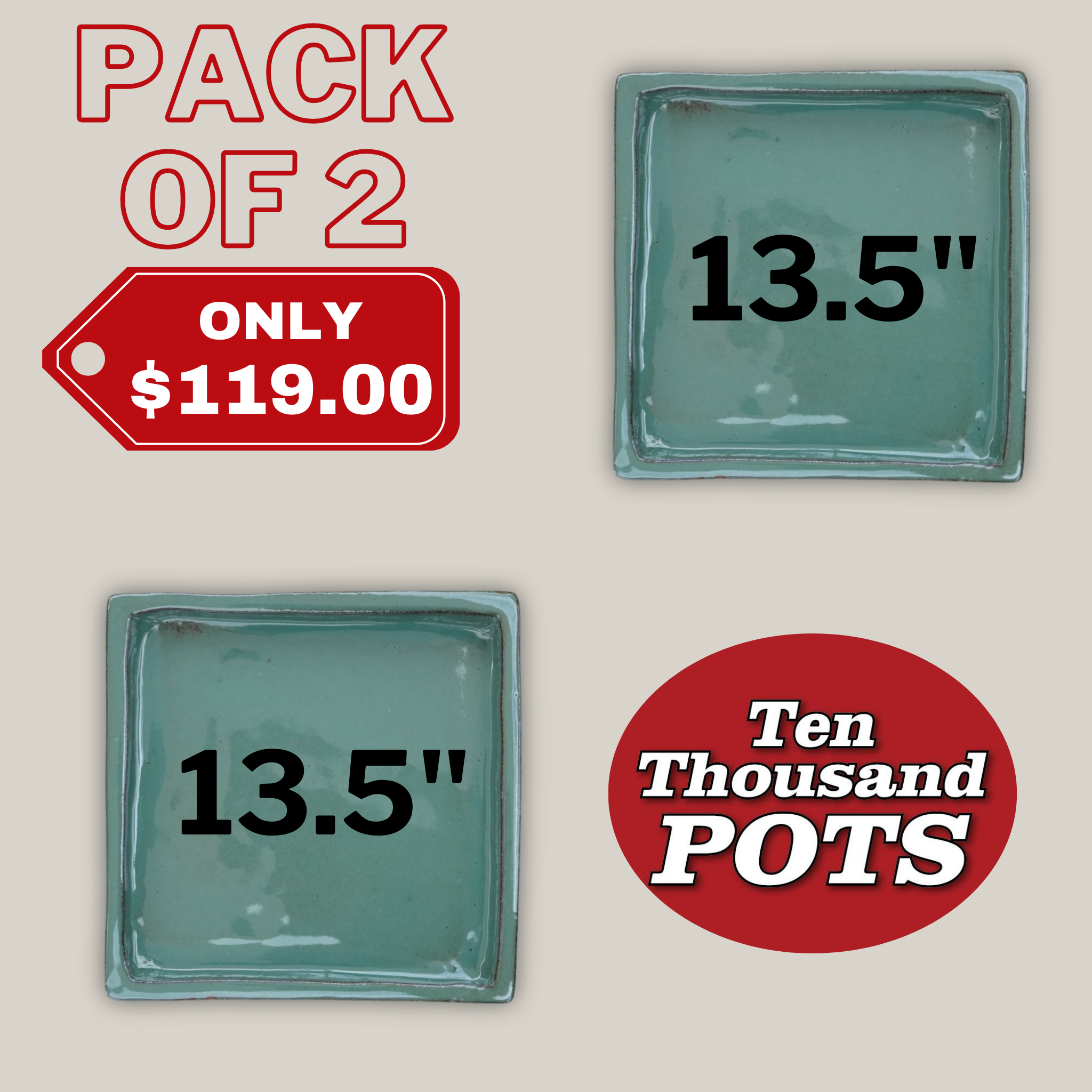 3127L16FS - Square | Green Cream Ceramic Plant Saucer | High Fired Ecofriendly Clay - Sizes 8"-15"