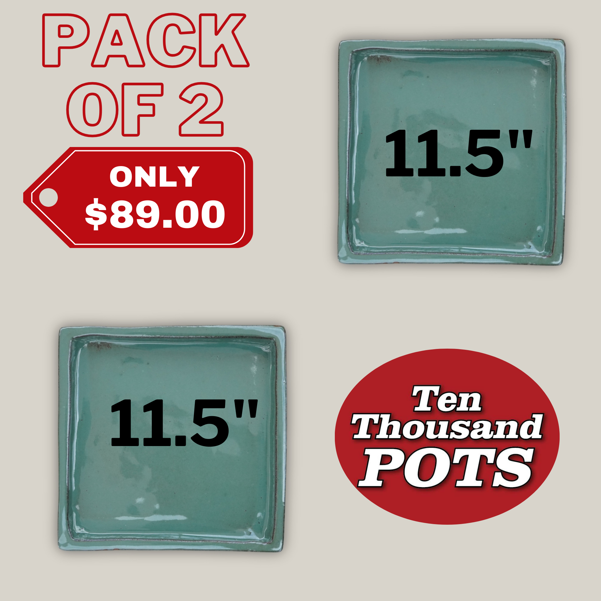 3127L16FS - Square | Green Cream Ceramic Plant Saucer | High Fired Ecofriendly Clay - Sizes 8"-15"