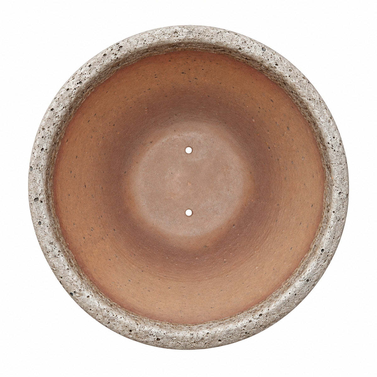 Oceanic White Giant Cone Ceramic Planter, top-down view showing the wide terracotta interior with drainage holes, framed by a thick rounded rim and weathered white stone exterior.