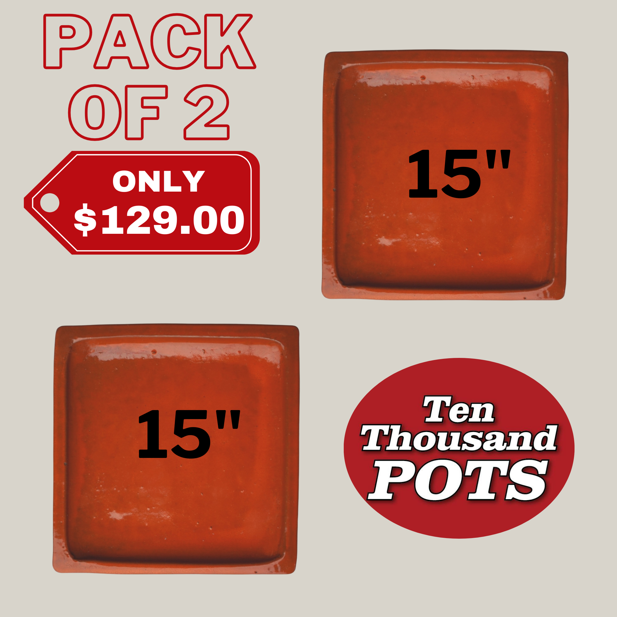 3127L23FS - Square | Tropical Orange Ceramic Plant Saucer | High Fired Ecofriendly Clay - Sizes 8"-15" - FREE SHIPPING