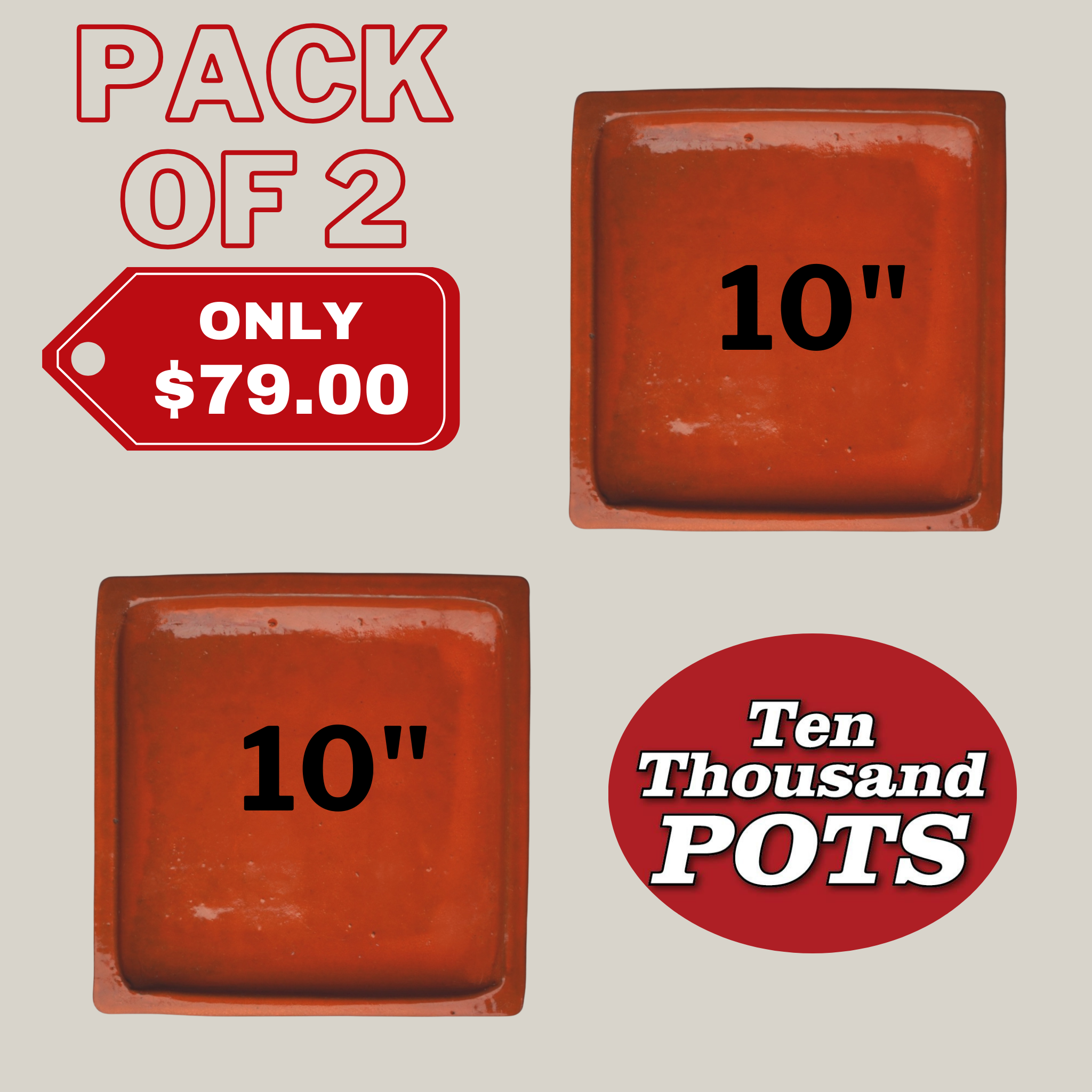 3127L23FS - Square | Tropical Orange Ceramic Plant Saucer | High Fired Ecofriendly Clay - Sizes 8"-15" - FREE SHIPPING