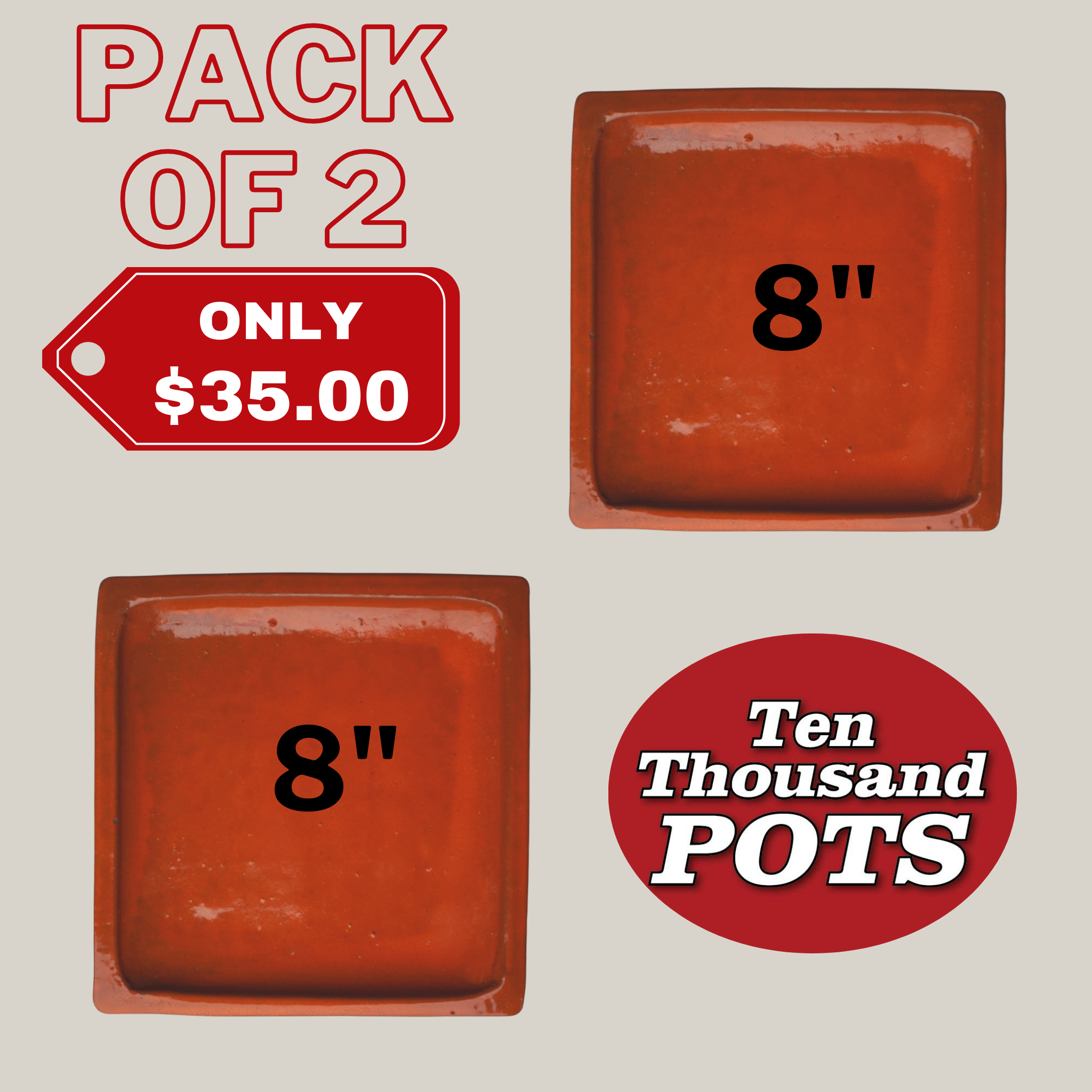 3127L23FS - Square | Tropical Orange Ceramic Plant Saucer | High Fired Ecofriendly Clay - Sizes 8"-15" - FREE SHIPPING