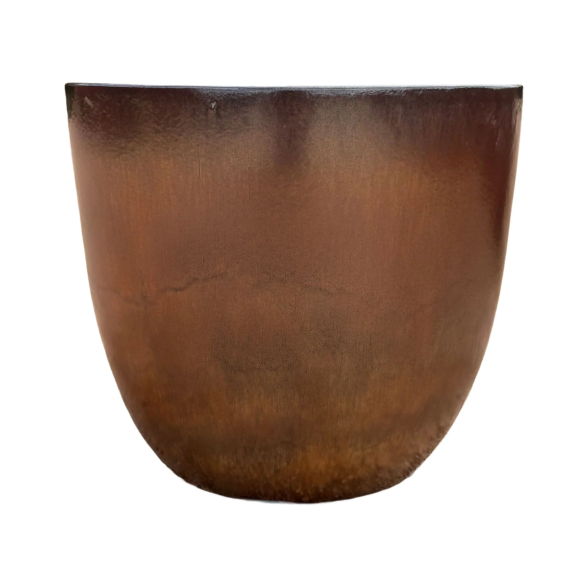 Front view of an oxide tapered round ceramic planter with a rounded body that narrows toward the base, finished in a weathered rust-brown glaze with darker shading along the rim