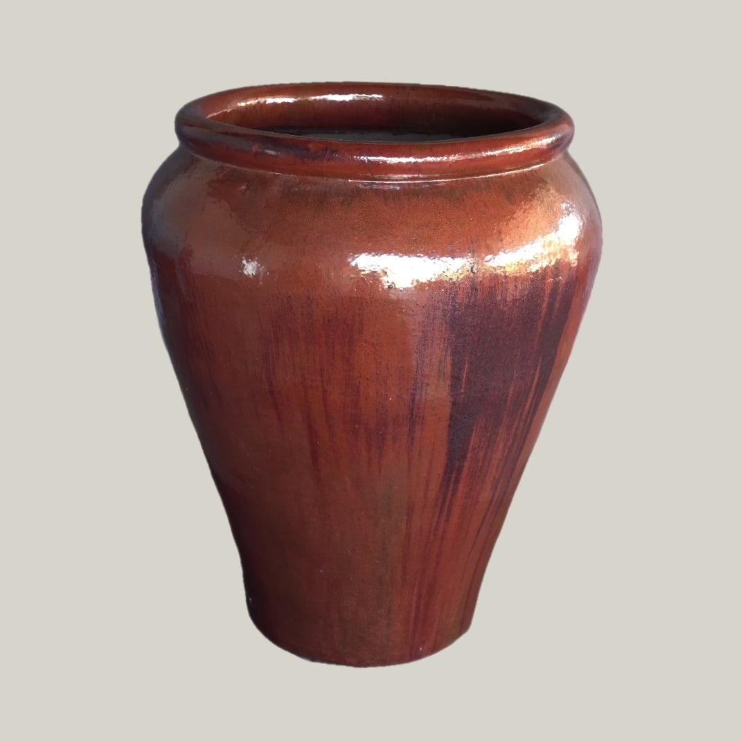 Extra large high-fired ceramic copper planter highlights
