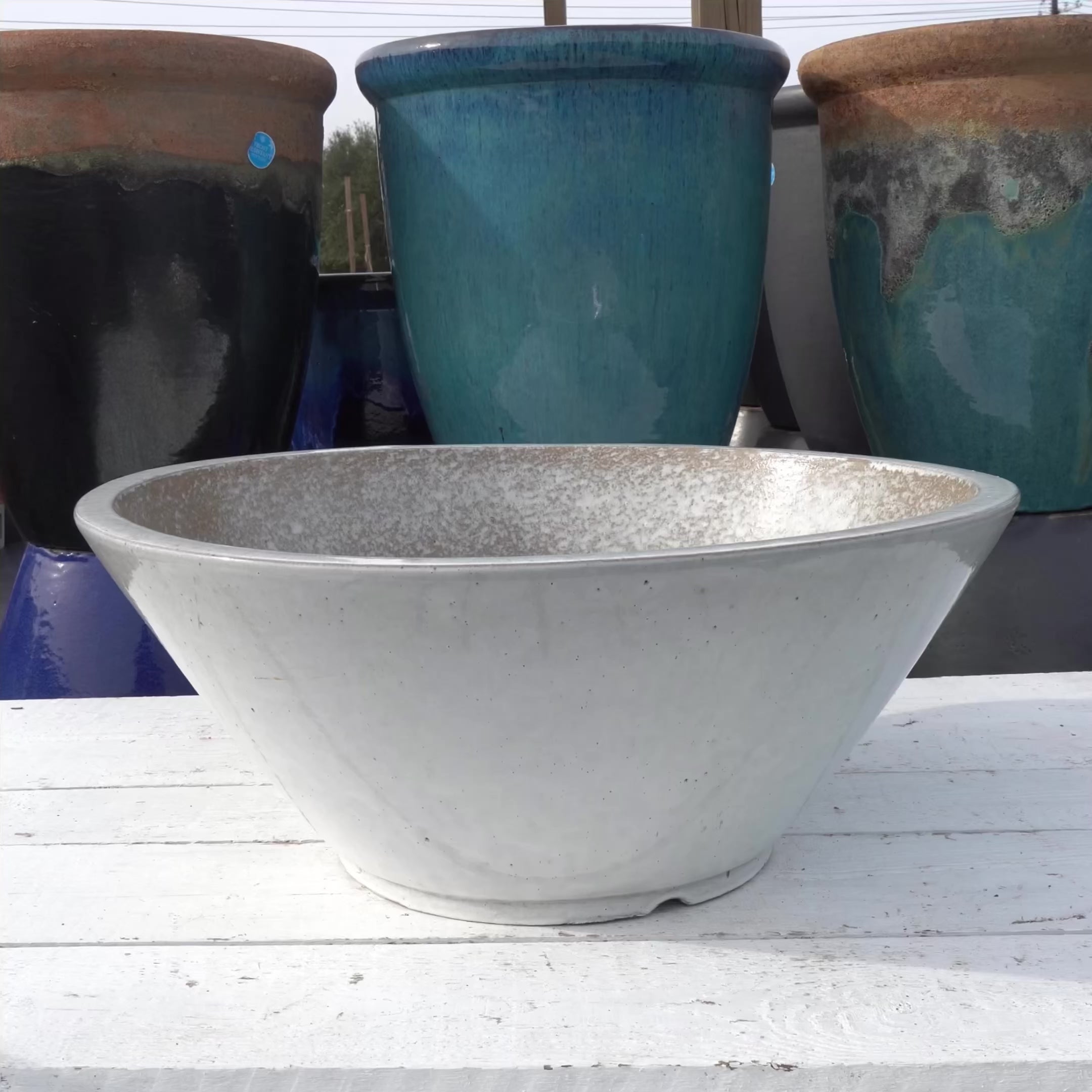 White cone shaped low wide planter