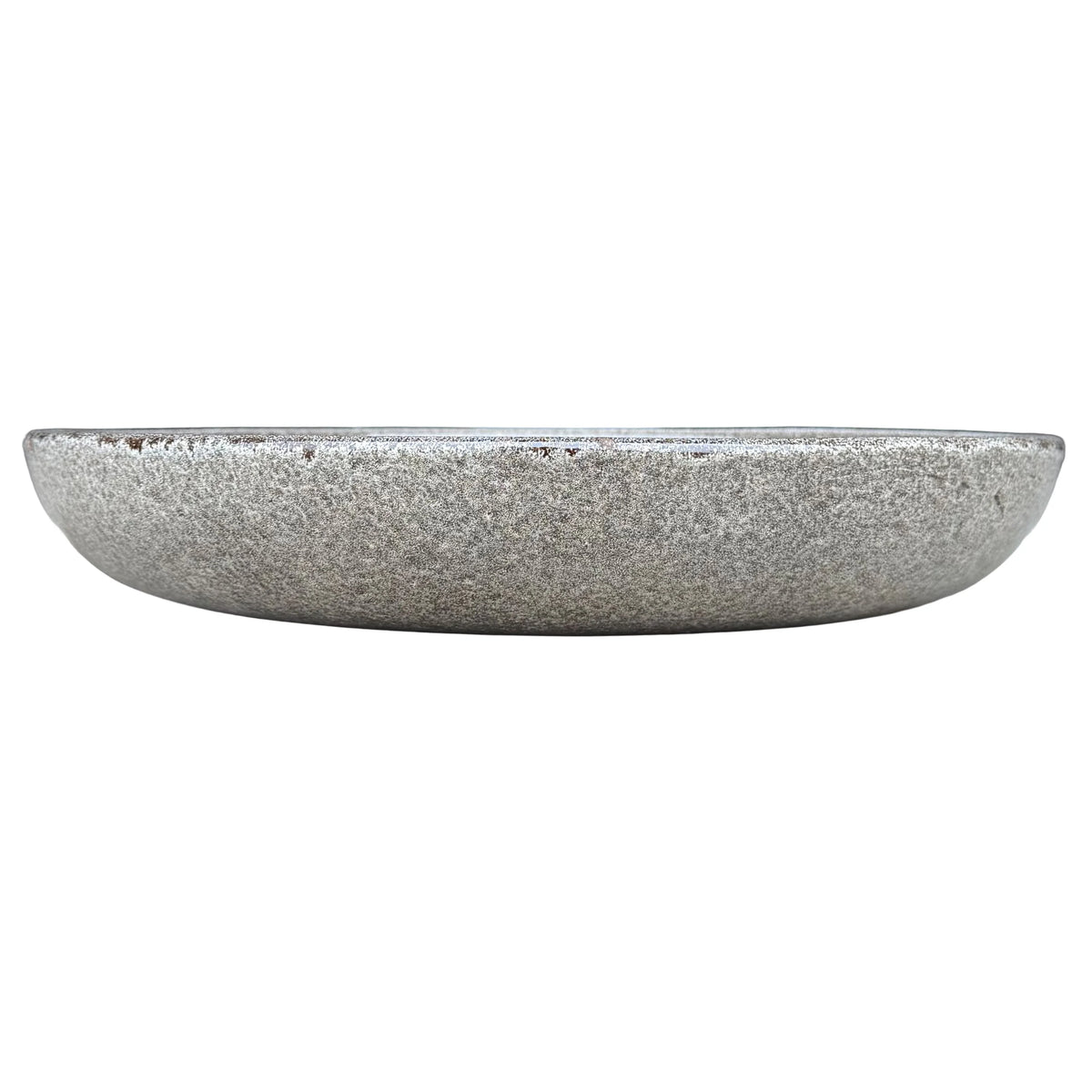 Front view of a shallow, rounded speckle black ceramic succulent bowl with a granite-like grey and white speckled glaze and a few rust-brown flecks along the rim