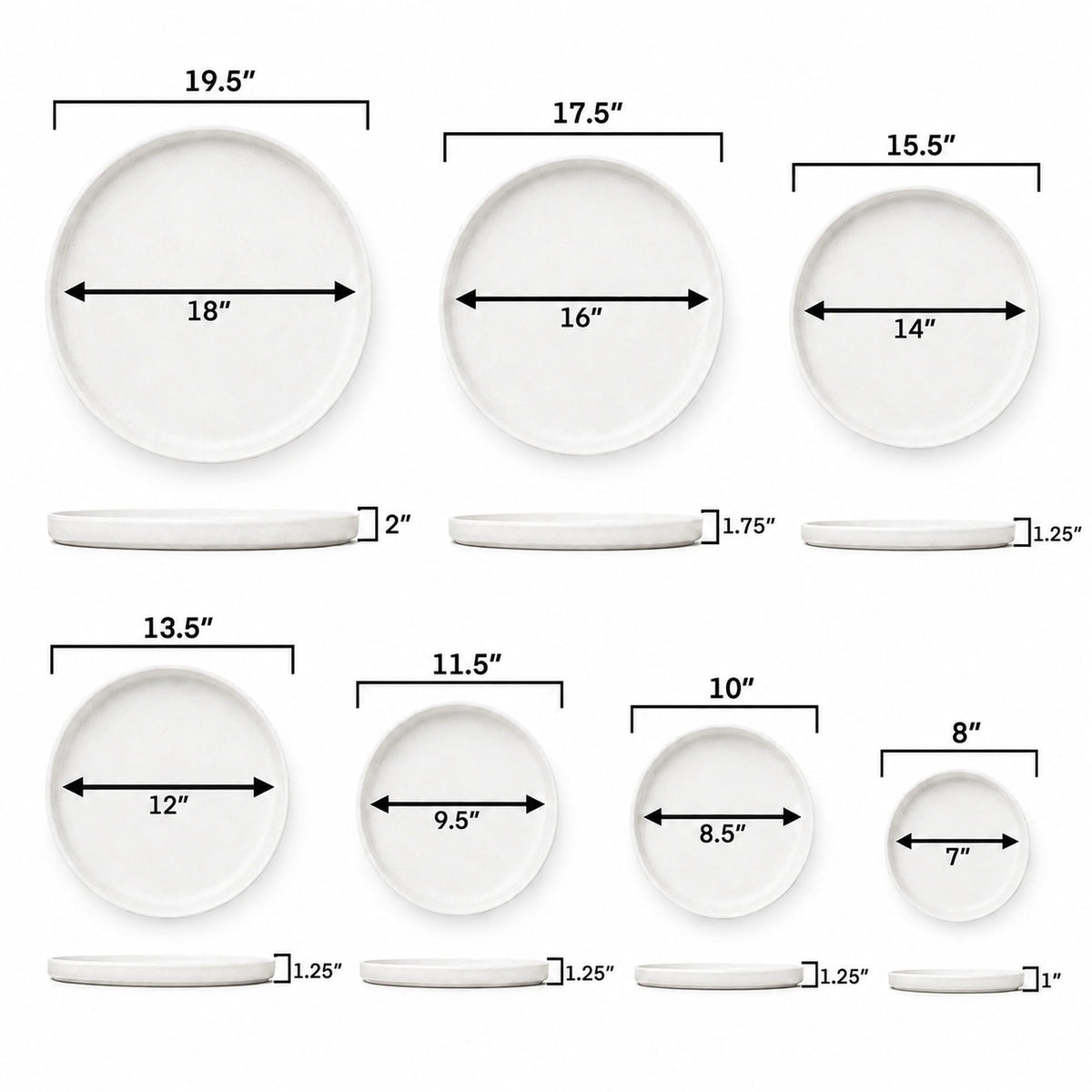 Size chart for round ceramic plant saucers in seven sizes, from 8 inches across (7-inch inner base, 1 inch tall) up to 19.5 inches across (18-inch inner base, 2 inches tall), shown with top and side views