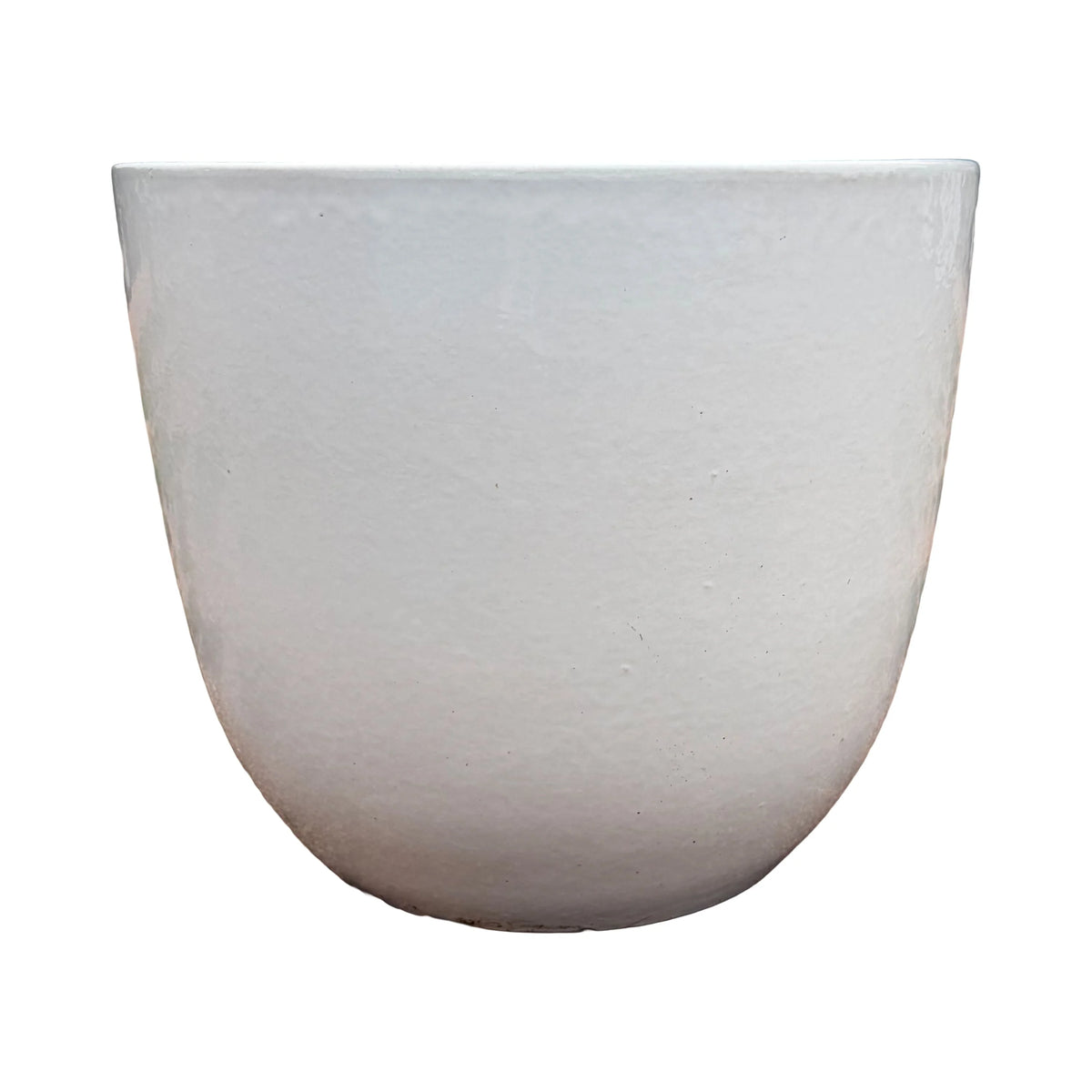 Front view of a white tapered ceramic egg planter, showing its clean egg-shaped silhouette that narrows toward the base in a soft white finish