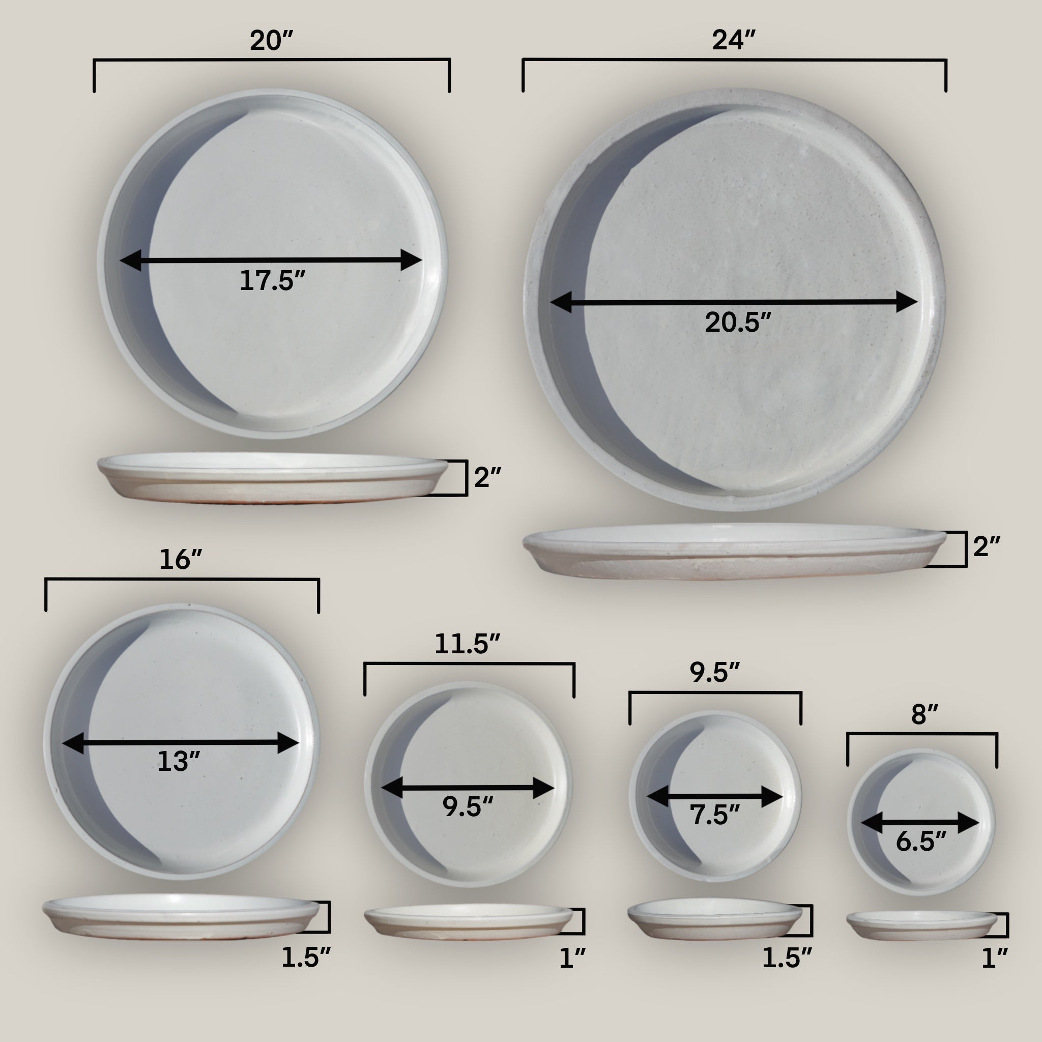 White round plant saucer with size guide