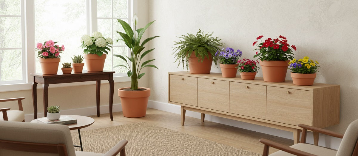 Set of terracotta pots displayed indoor with different plant types