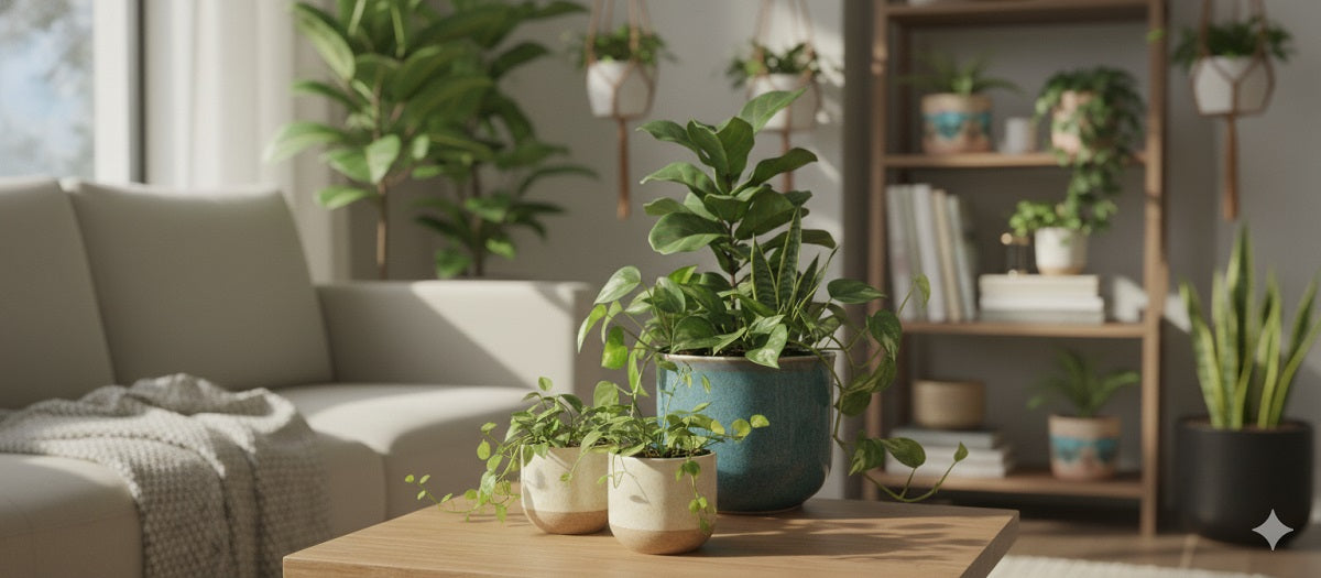 Ceramic planters with different plants in a living room