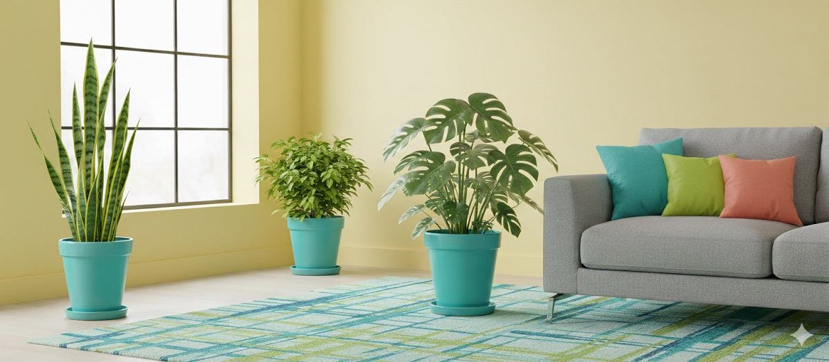 Aqua ceramic planter with saucer placed indoor