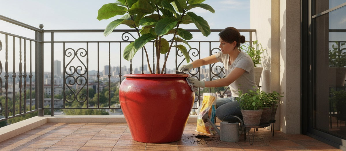 Cleaning large red ceramic planter in the balcony