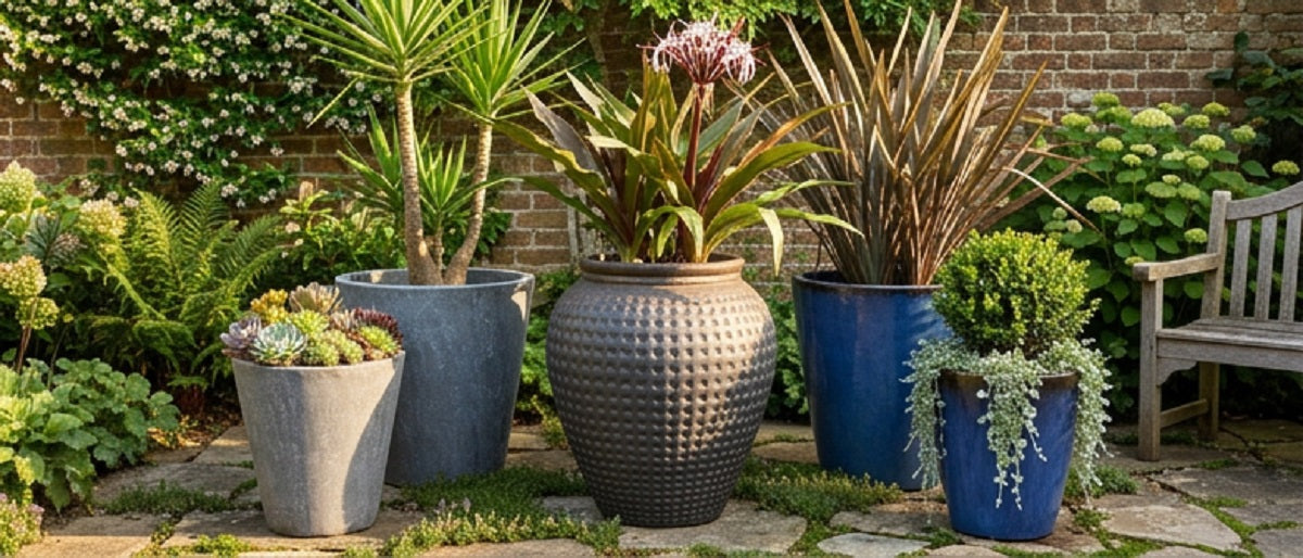 Large ceramic planters with plants arranged nicely in a garden