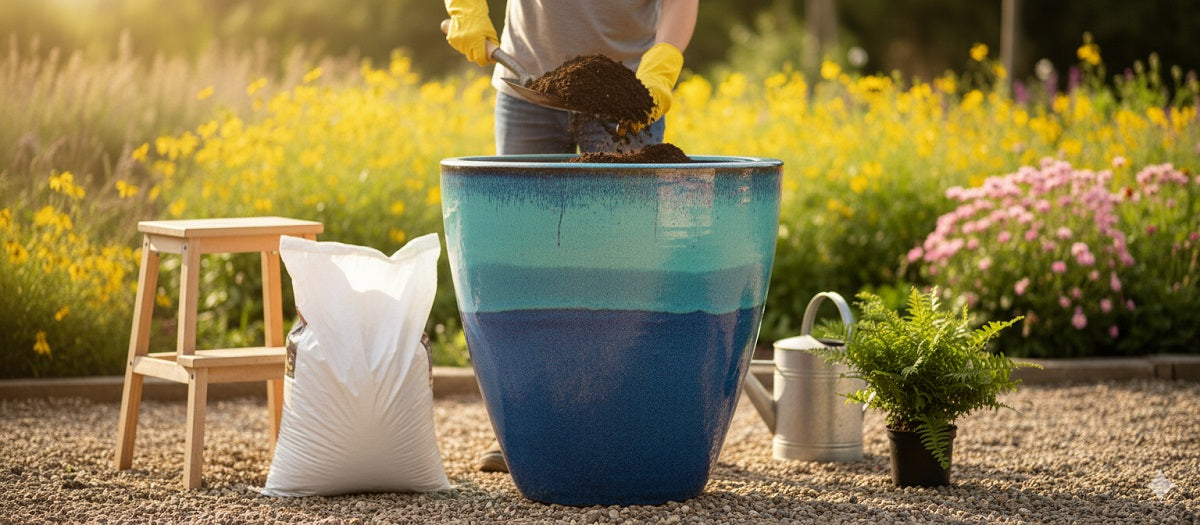 A person in yellow gloves filling a large, blue and teal ceramic planter with soil in a sunny garden.