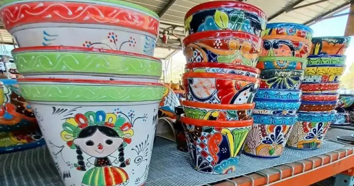 Colorful Mexican-style plant pots with traditional patterns