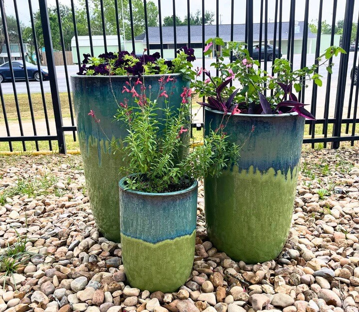 Colorful ceramic planters outdoors