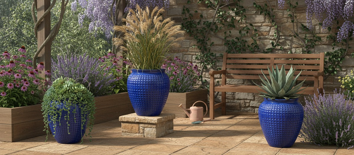 Large blue planters with low-maintenance plants outdoor