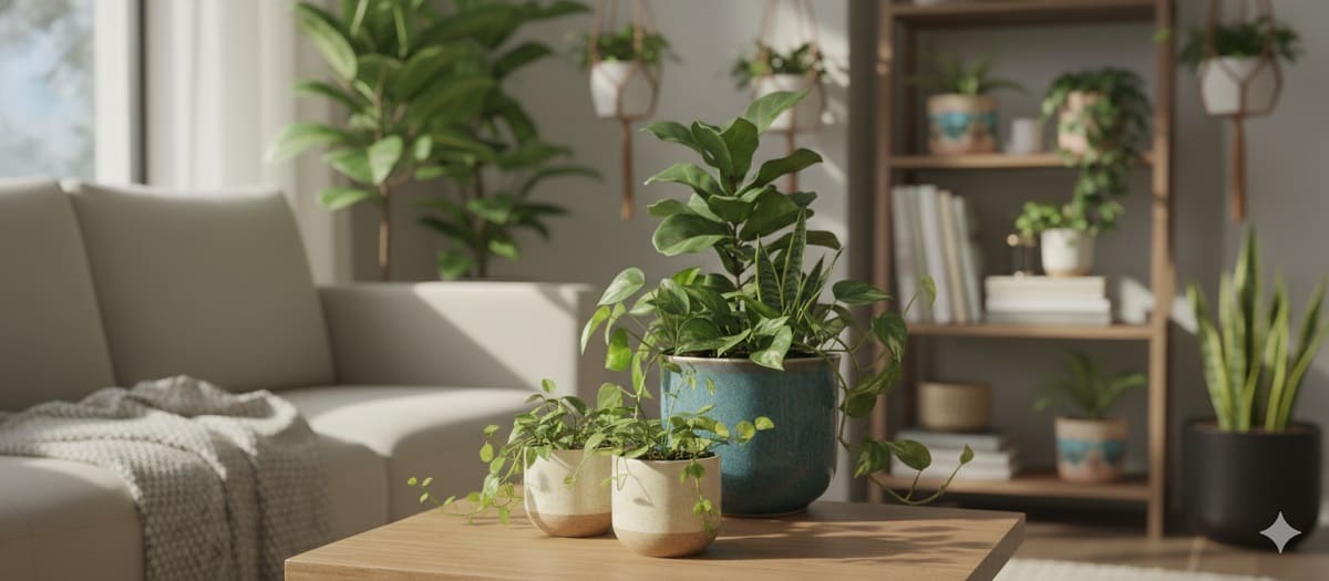Living room with a coffee table featuring potted plants and a bookshelf in the background.