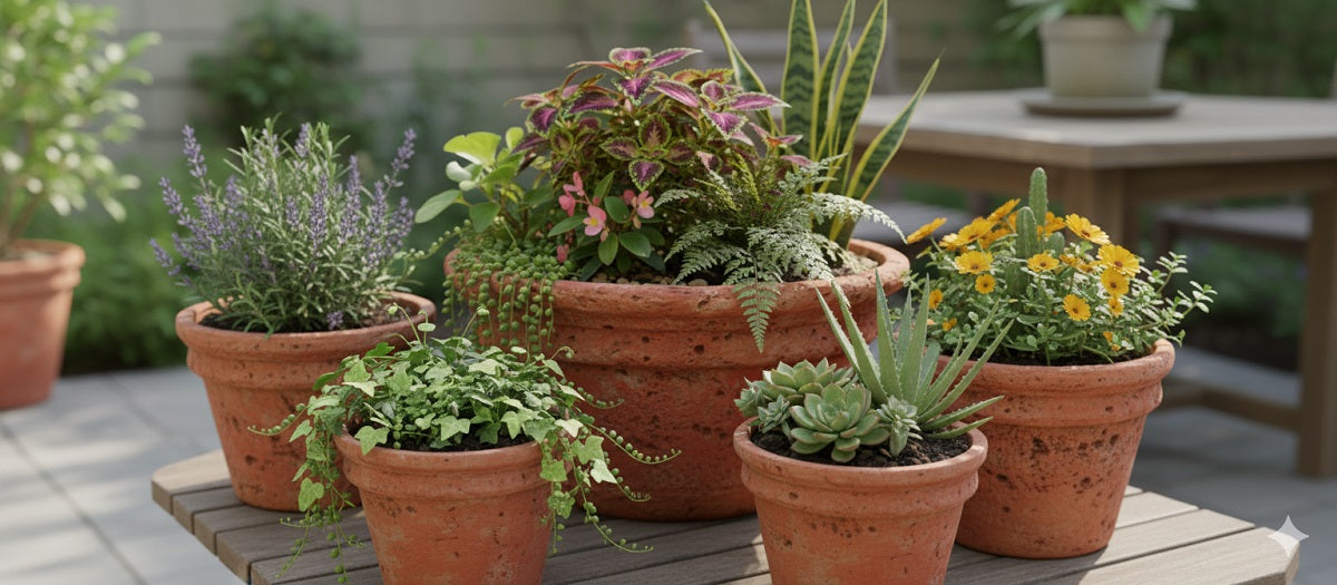 Terracotta pots on a wooden table burst with lavender, succulents, ivy, coleus, snake plant, marigolds.