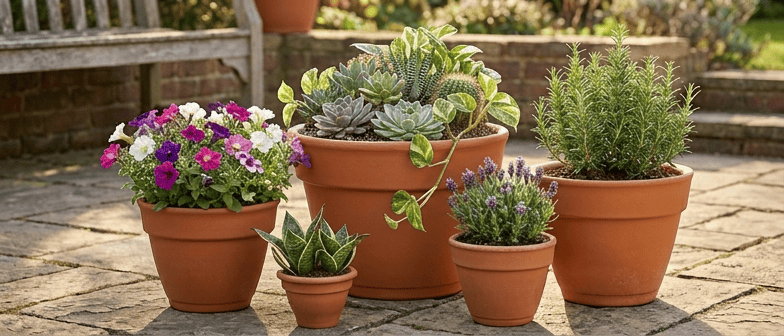 Terracotta pots in various sizes with flower and pots