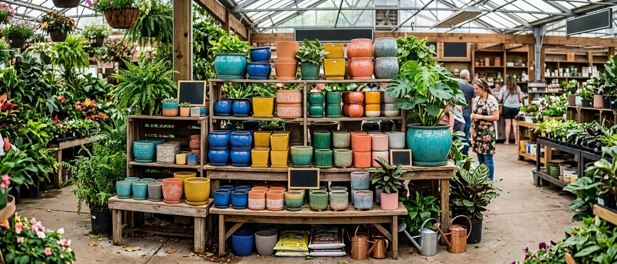 Spring planter displayed in a garden center