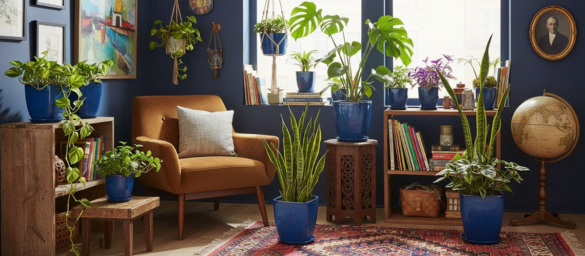 Blue ceramic planters with saucer protecting the floor and furniture