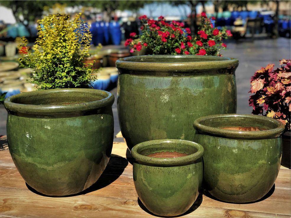 Glossy green ceramic planters in display