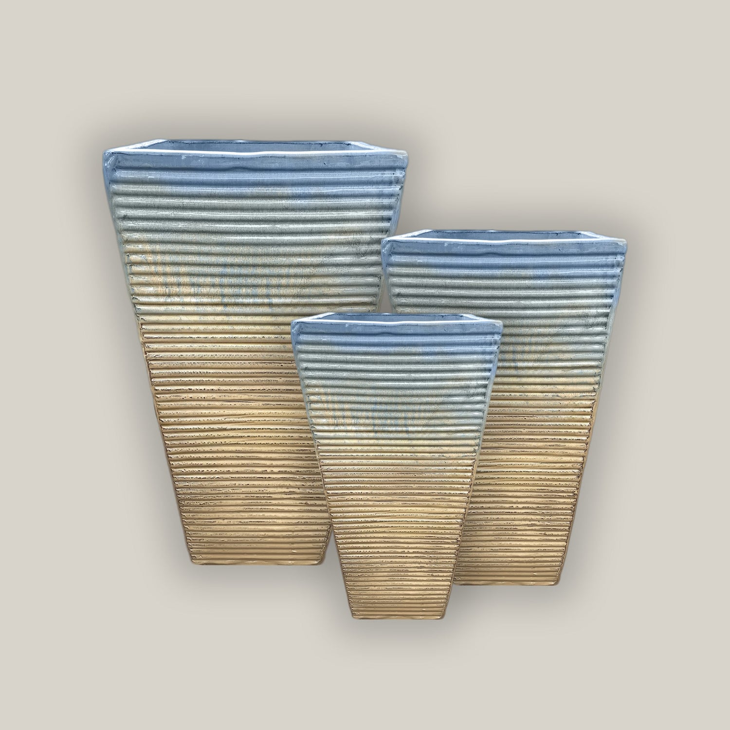 Striped cream with blue accent ceramic planters