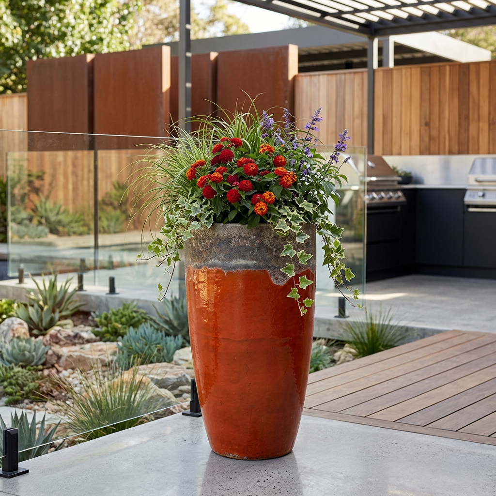 Tall orange glazed ceramic planter with a weathered gray rim, filled with red lantana, purple salvia, ornamental grass, and trailing ivy for a fall planter display on a modern patio.