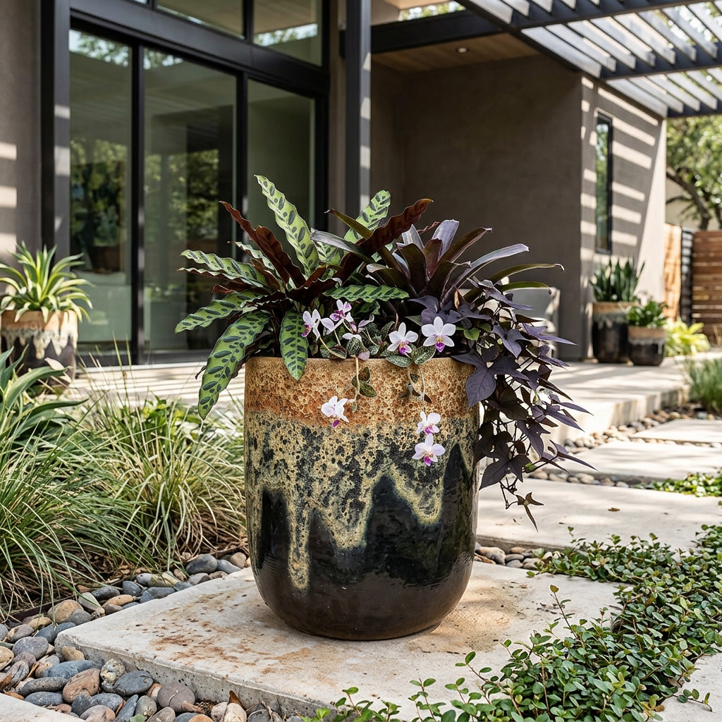 Angkor/Shiny Black Ceramic Flower U Pot displayed outdoor