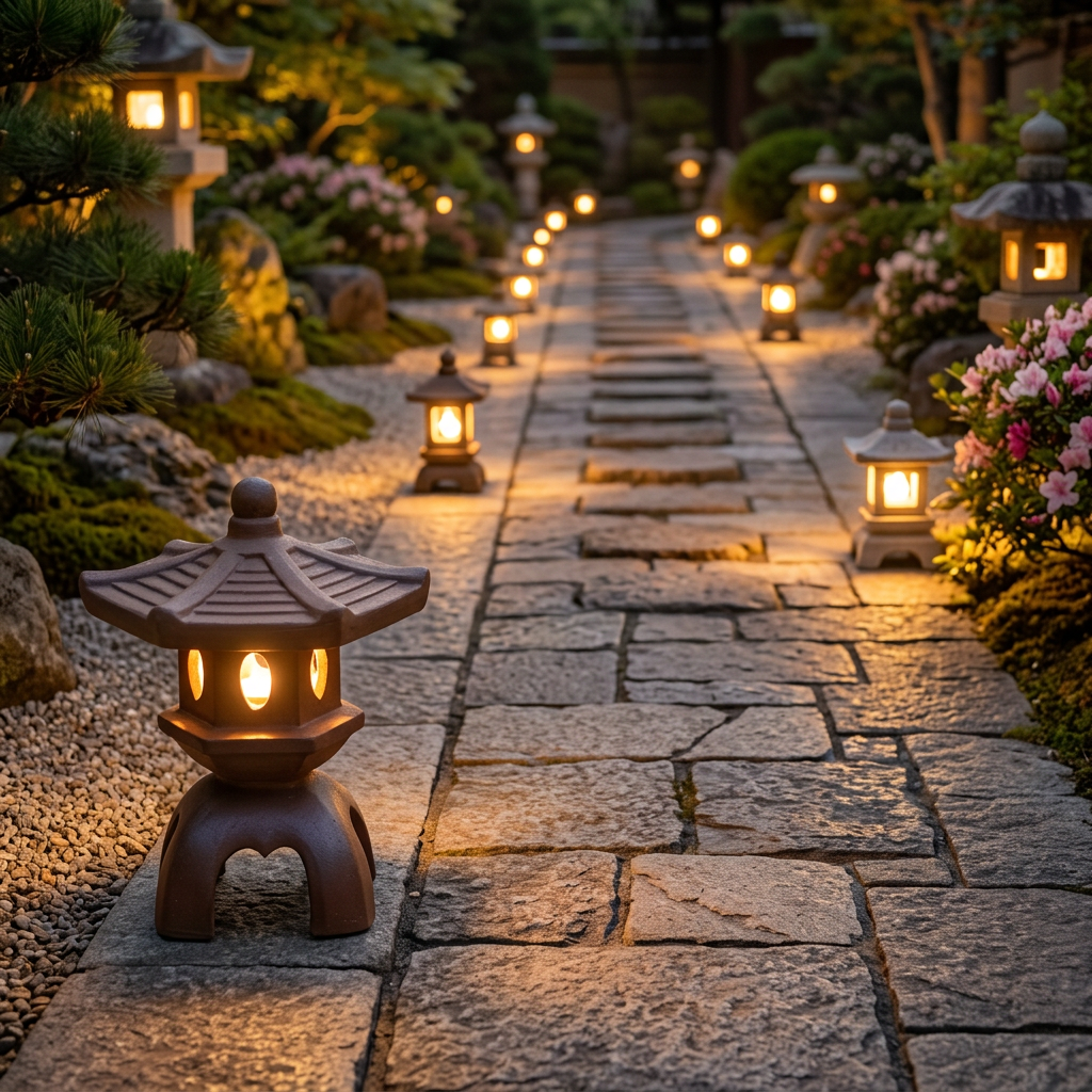 Garden with unglazed ceramic pagoda lantern accent with lights inside