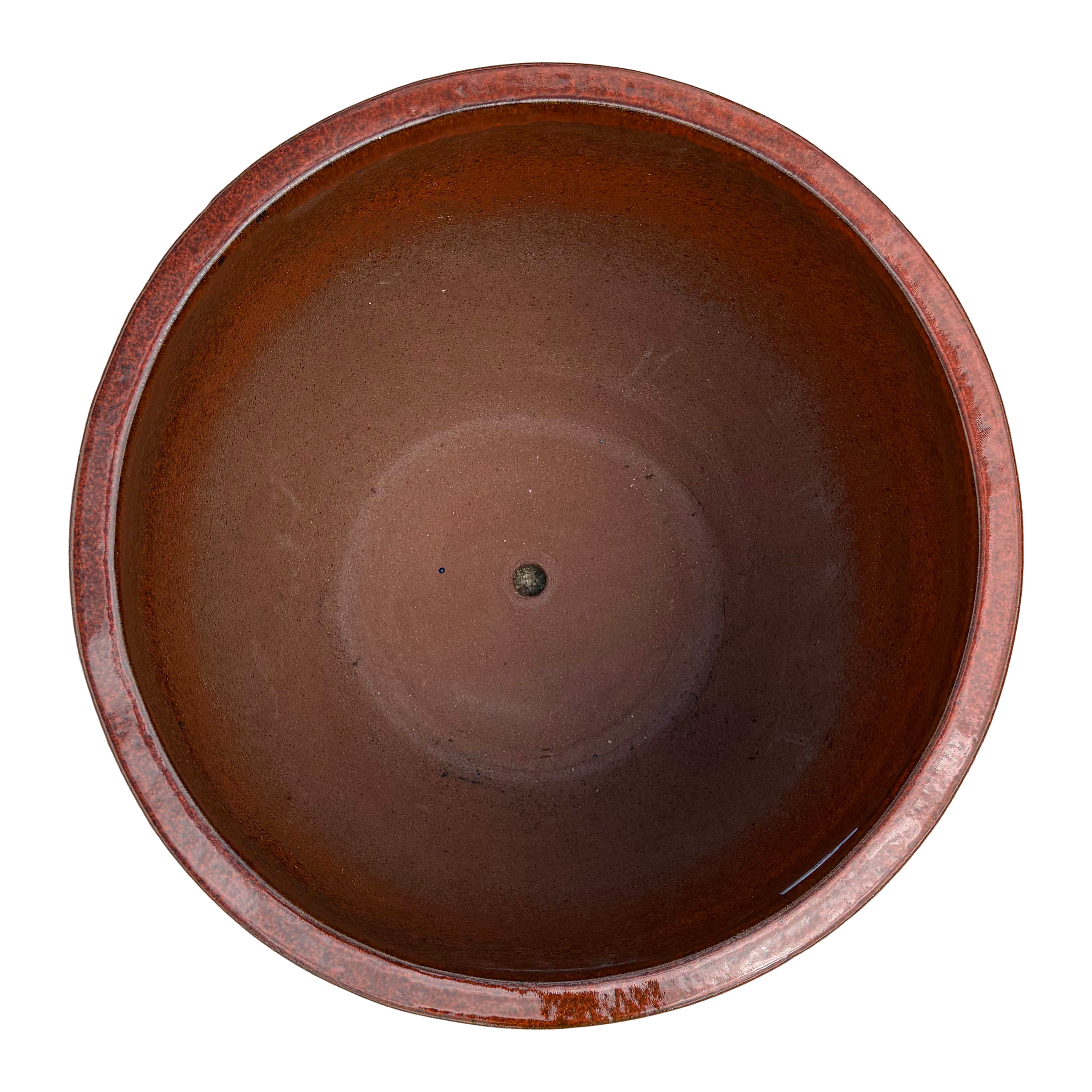 Top view of the tropical orange tapered round ceramic planter showing the wide opening and smooth glazed interior.