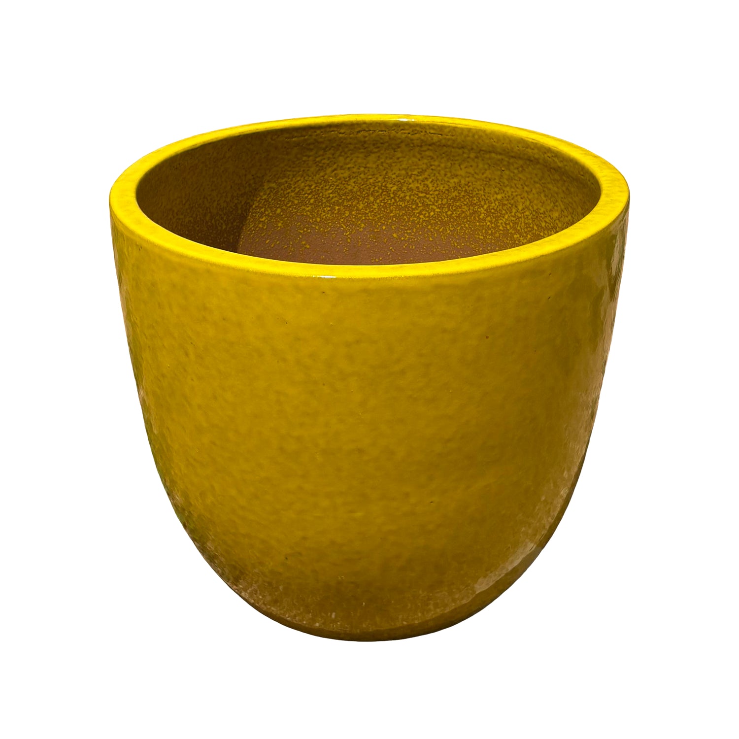 Atomic yellow tapered round ceramic planter with a vibrant glazed finish shown from an angled perspective.