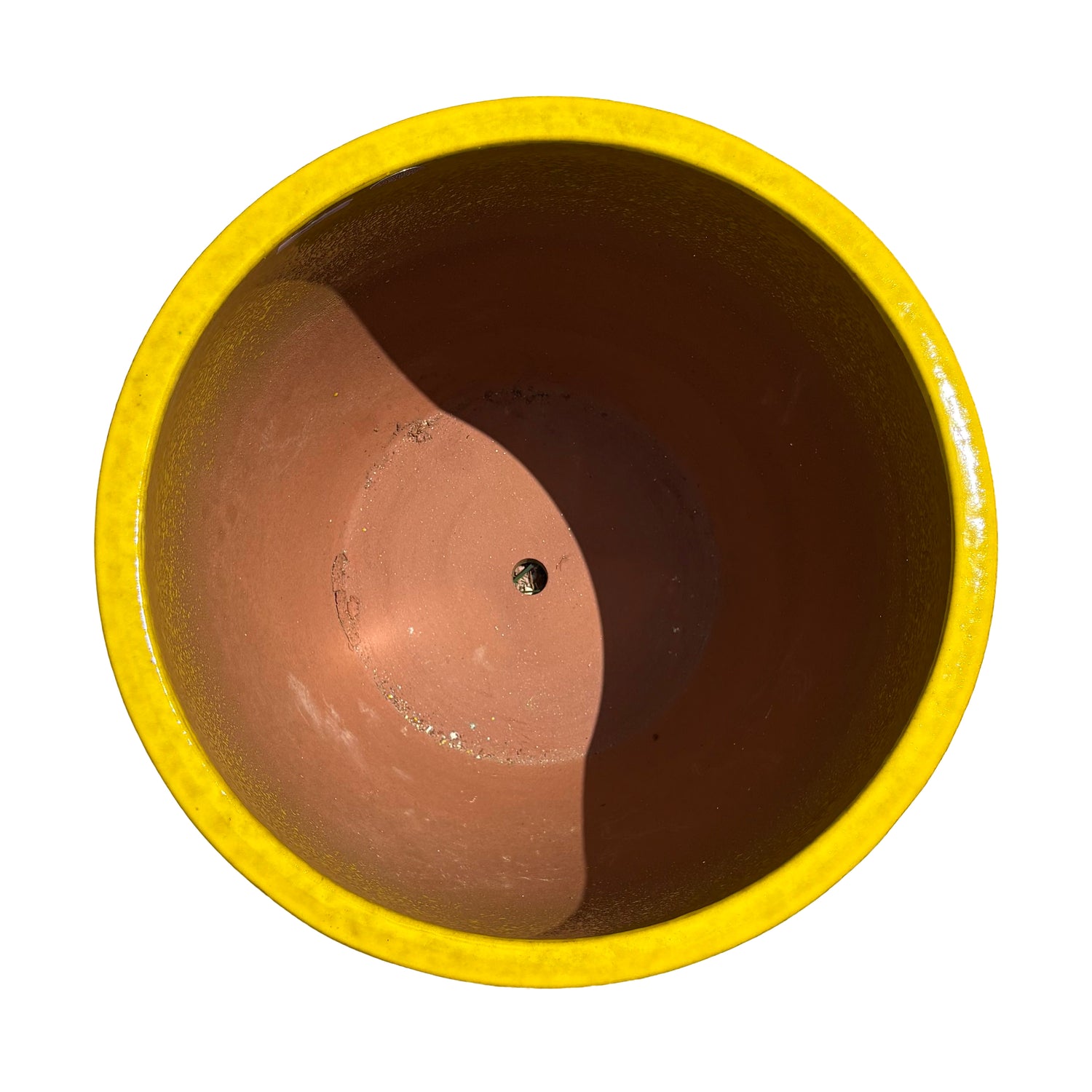 Top view of the atomic yellow tapered round ceramic planter showing the wide opening and smooth glazed interior.