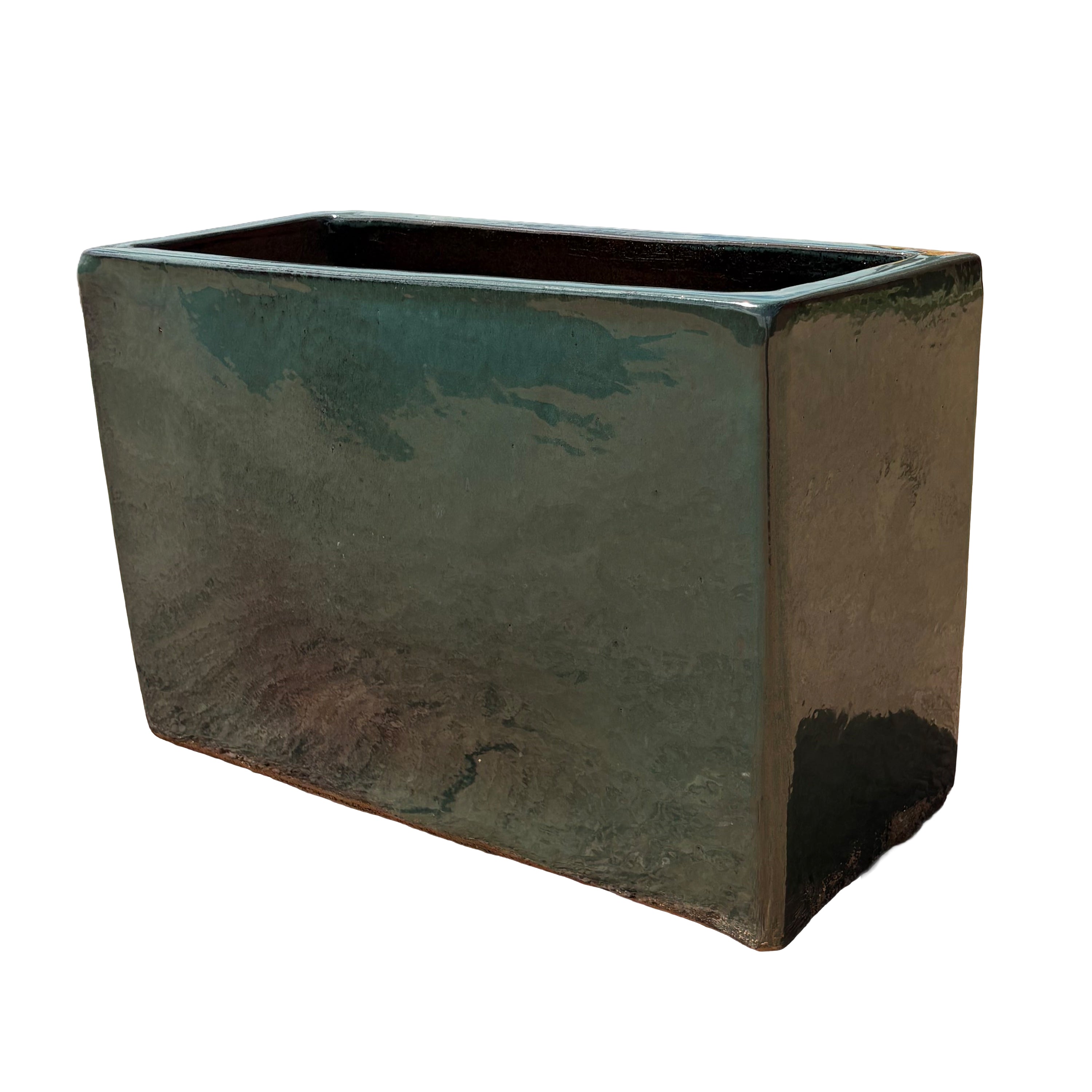Jade glazed rectangular ceramic planter shown from an angled side view, emphasizing its depth and reflective glazed surface.