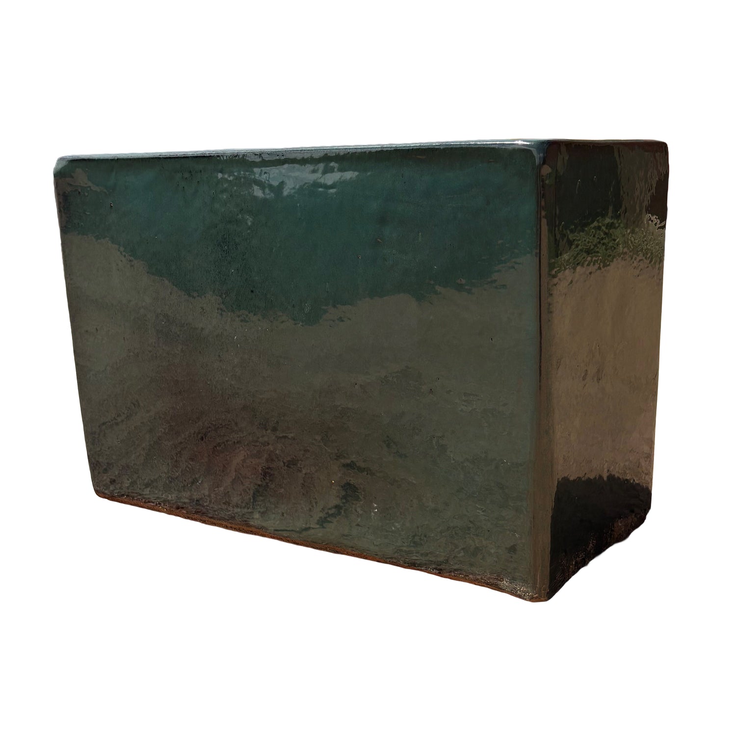Jade glazed rectangular ceramic planter shown from the side, highlighting its streamlined rectangular form and polished finish.