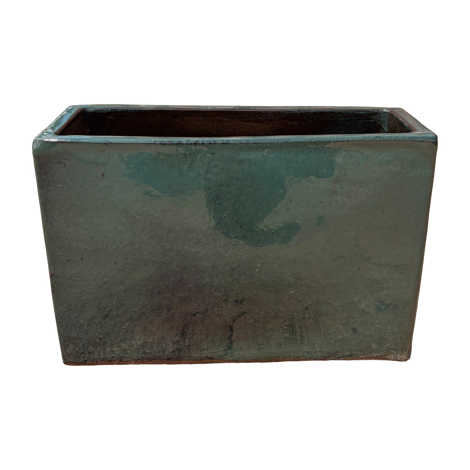 Jade glazed rectangular ceramic planter shown from a wide angled perspective, highlighting its rich green tone and smooth glossy finish.