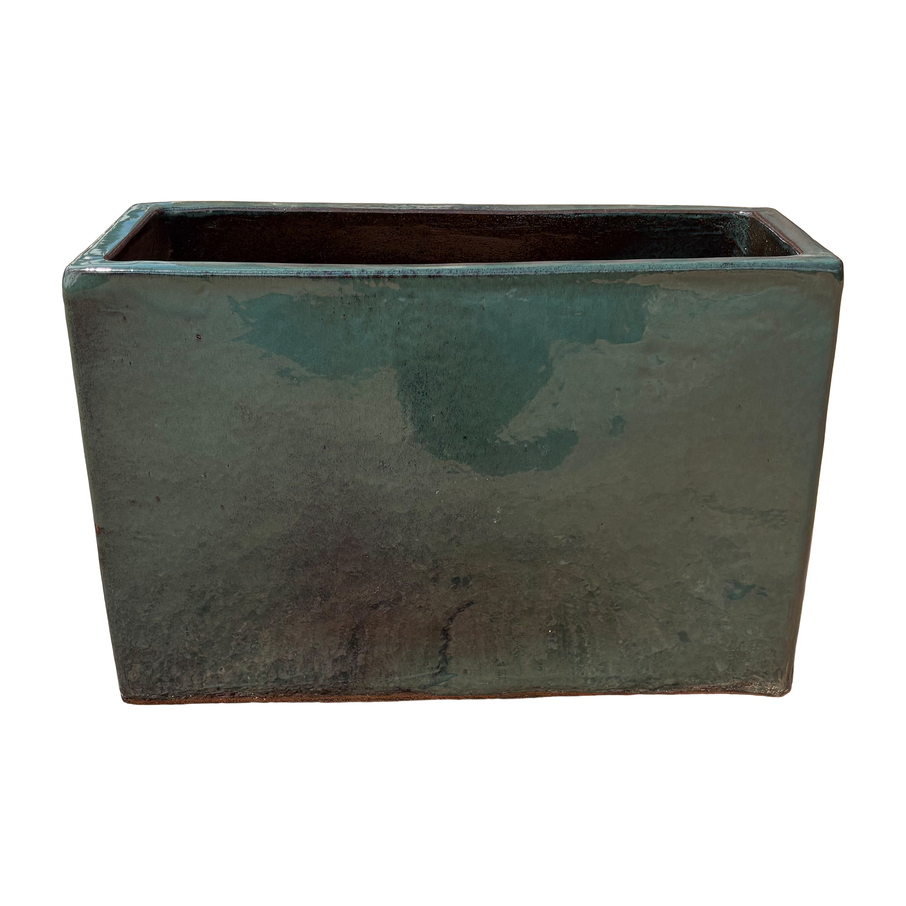 Jade glazed rectangular ceramic planter shown from a wide angled perspective, highlighting its rich green tone and smooth glossy finish.