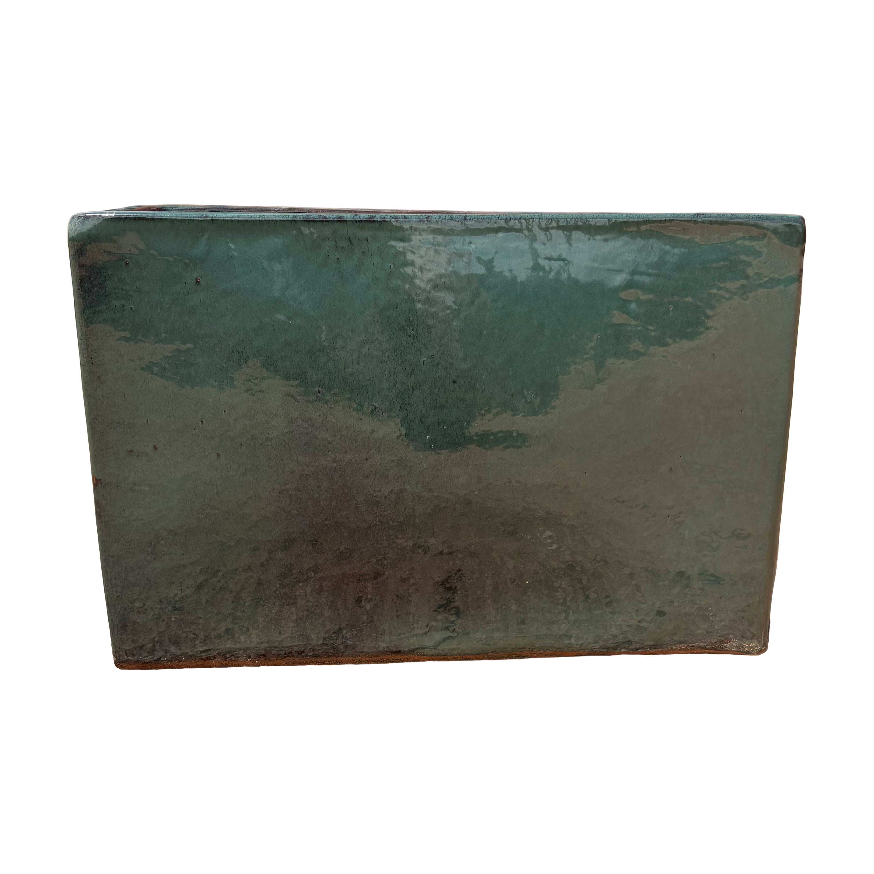 Jade glazed rectangular ceramic planter shown from the front, featuring a clean rectangular silhouette and vibrant jade glaze.