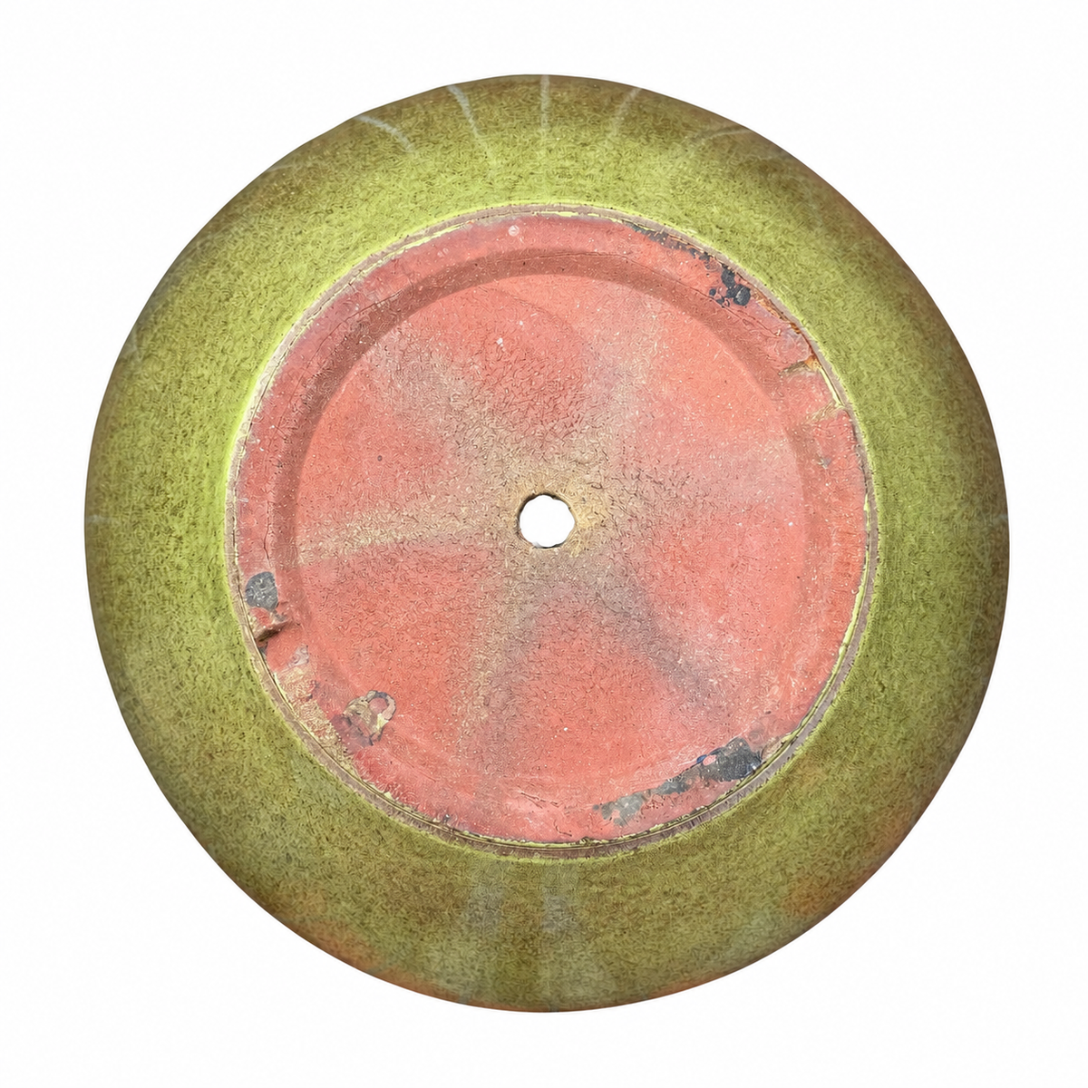 A circular ceramic planter pot shown from a top-down view, featuring a textured olive-green glazed exterior and a terracotta-pink glazed interior with a central drainage hole.