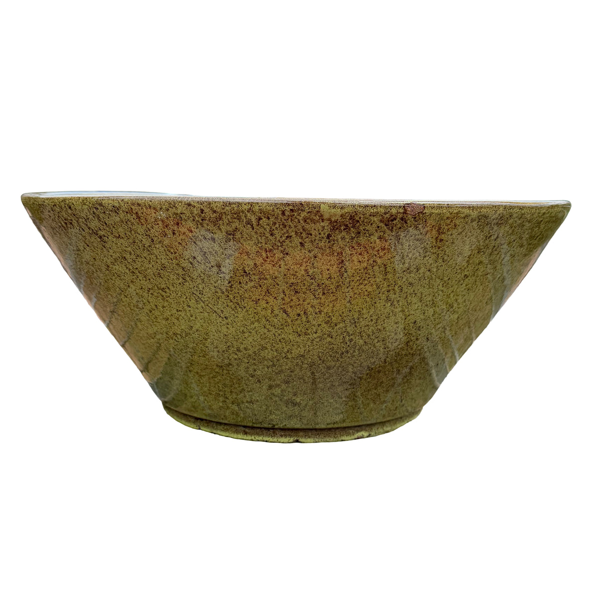 A handmade ceramic bowl planter with a wide, open shape, featuring a textured glaze in earthy olive green, brown, and beige tones, set against a plain white background.