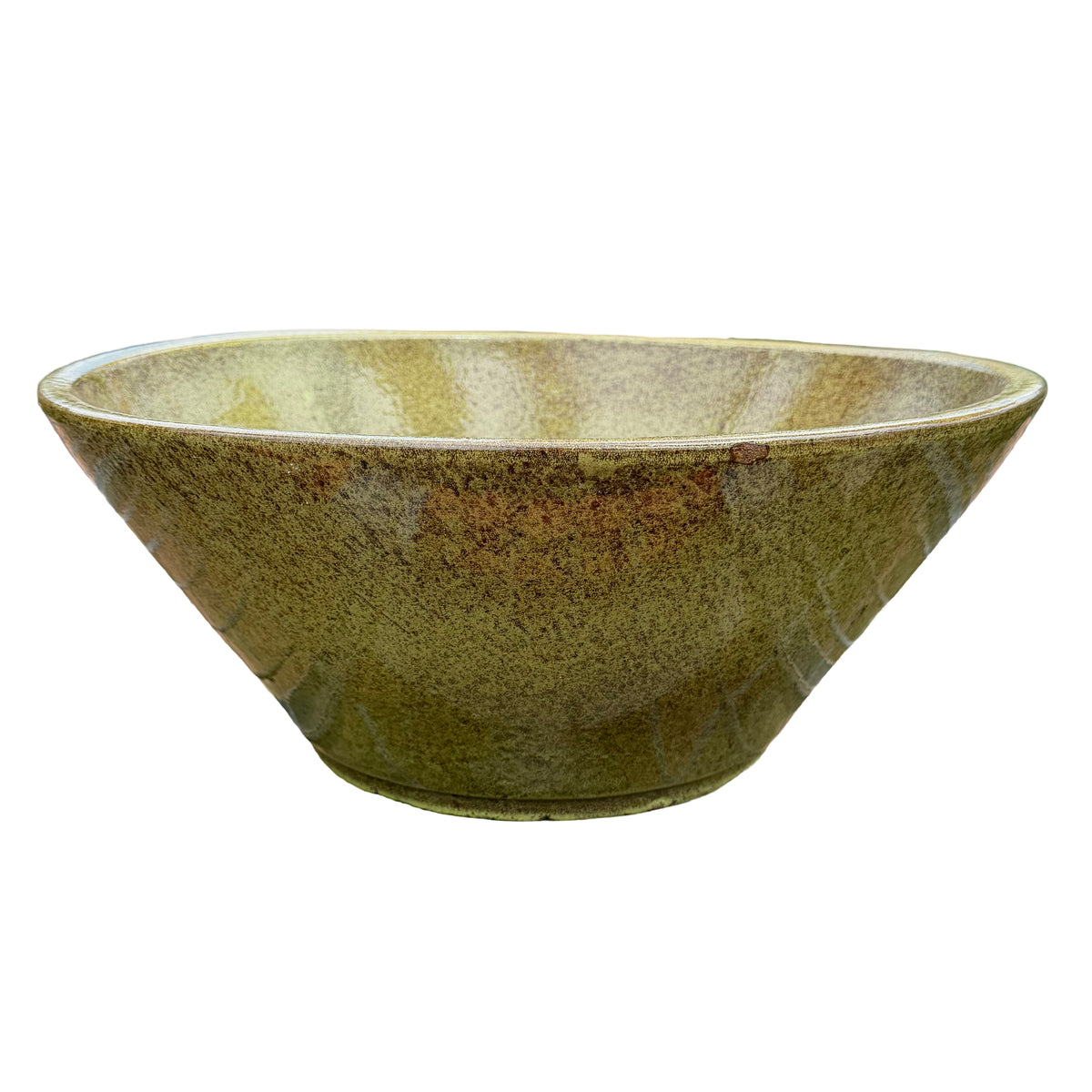 A handmade ceramic bowl planter with a wide, flared rim and a textured, speckled glaze in earthy olive green, brown, and beige tones, shown against a plain white background.