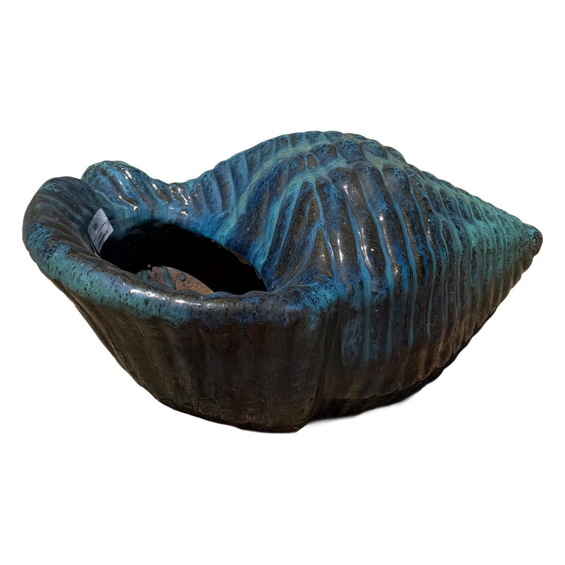 Slightly angled view of Marble Green ceramic conch planter showcasing the sculpted shell design and glazed finish