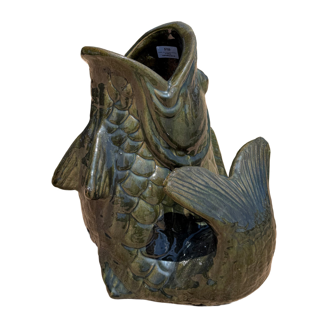 Bottom view of Moss Green ceramic fish accent highlighting the underside details and ceramic construction