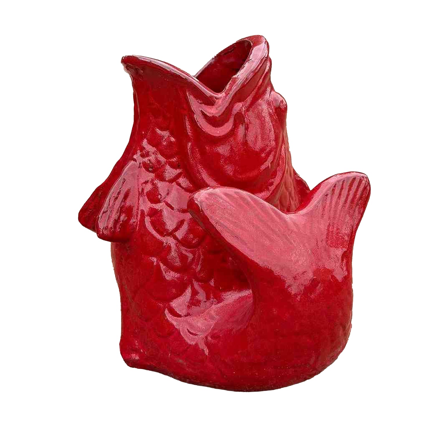 Red ceramic fish accent with handcrafted glazed finish and detailed sculpted design