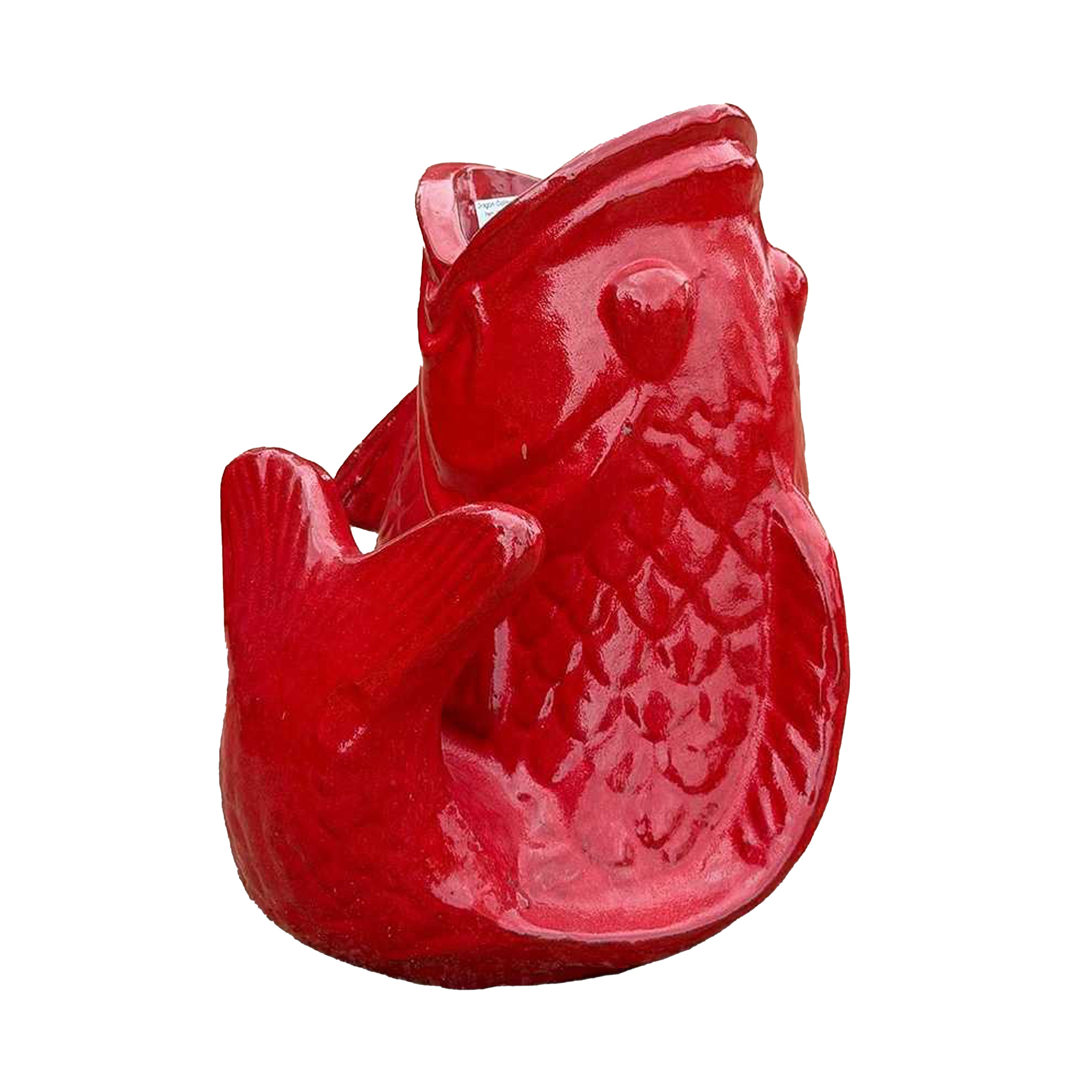 Red ceramic fish accent with handcrafted glazed finish and detailed sculpted design